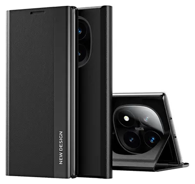 A black flip case for a smartphone is shown from multiple angles, with the phone's camera module visible.