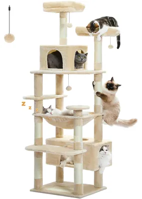 Image de Katzenbaum - Modèle XL, 184 cm de hauteur - 5 plateformes - Hamac - Poteaux à gratter - Cachette pour chat - Jouets à suspendre - Couleur beige