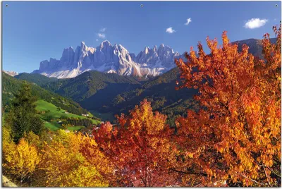 Produktbild von Wallario Outdoor-Poster für Garten oder Balkon, Motiv Herbst im Gebirgstal unter blauem Himmel, in ca. 61 x 91,50 cm