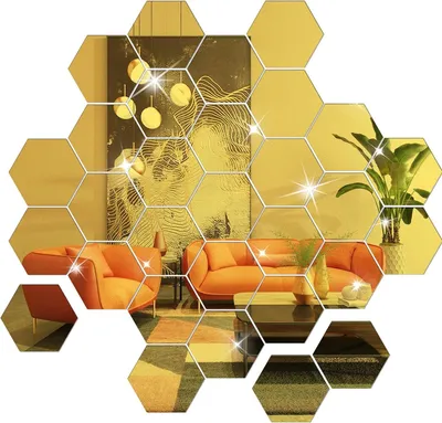 Produktbild von 36 Stück 6cm Sechseck Spiegel Acrylspiegel Spiegel Wandaufkleber Wandaufkleber Dekospiegel für Wohnzimmer, Schlafzimmer, Badezimmer, Küche, Wmkleidekabine(Gold)