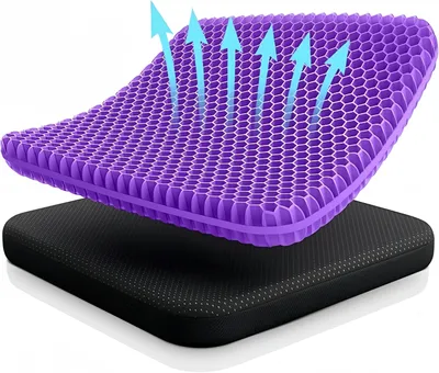 A purple honeycomb-shaped seat cushion is shown floating above a black cushion.
