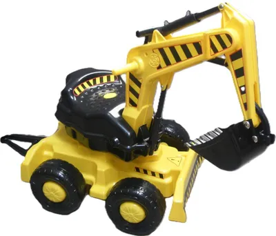 A yellow and black toy excavator is shown against a white background.