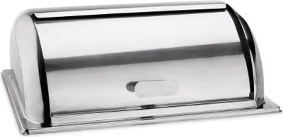 A stainless steel bread box with a roll-top lid.