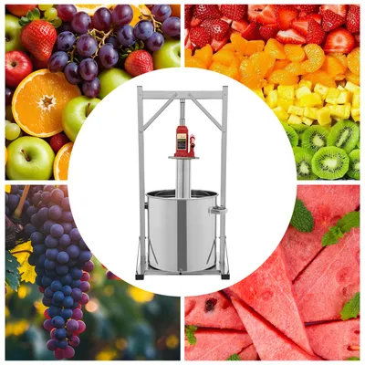 A collage of fruits and a hydraulic press.
