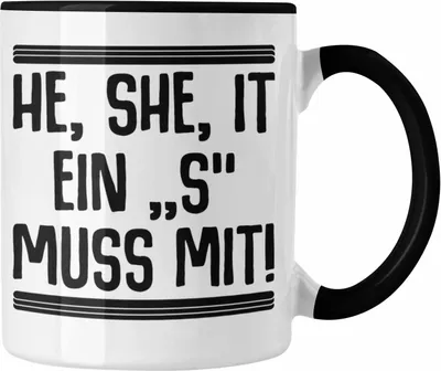 Produktbild von Trendation - Englischlehrer Tasse Geschenk He She It Englischlehrerin Geschenkidee Spruch Grundschule (Schwarz)