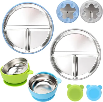 Produktbild von Babyschalen und Teller Set, 4 Stück, Edelstahl und Silikon, mit Saugnapf, für Kleinkinder