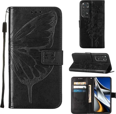 Produktbild von Redmi Note 11S Hülle, Schmetterling Prägung Flip Leder Kartenfächer Schutzhülle Ledertasche mit Ständer für Xiaomi Redmi Note 11S / Note11 4G Schwarz