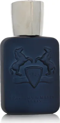 A dark blue perfume bottle with a silver cap and embossed horses and shield logo.