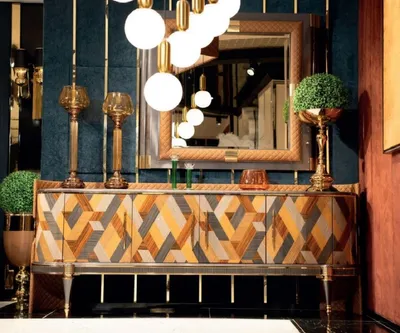 Produktbild von Casa Padrino Luxus Art Deco Möbel Set Mehrfarbig / Braun / Grau / Gold - 1 Luxus Art Deco Sideboard mit 4 Türen & 1 Luxus Art Deco Spiegel - Luxus Art Deco Möbel