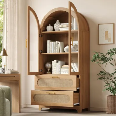 Produktbild von MODFU Vitrine mit Glastüren, Wohnzimmerschrank mit 2 Schubladen,Standvitrine Bücherschrank mit Retro-Design,175 × 80 × 40 cm, Eiche
