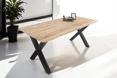 Produktbild von Esszimmertisch Schweizer Kante / runde Ecken massiv & geölt Eiche 180x90 schwarz X-Gestell Lotte