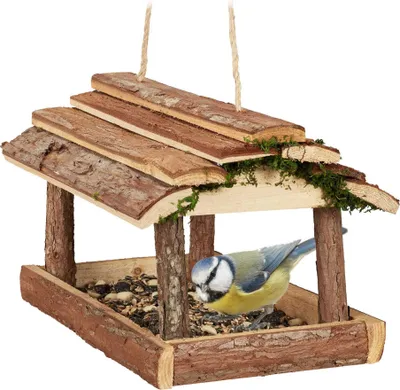 Produktbild von Langlebiger Vogelfutterspender aus Rinde, Moos und Holz Design, offen, mit Aufhängeschnur für Wildvögel