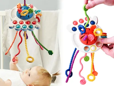 A baby playing with a toy in a crib and a close-up of the toy being held by hands.