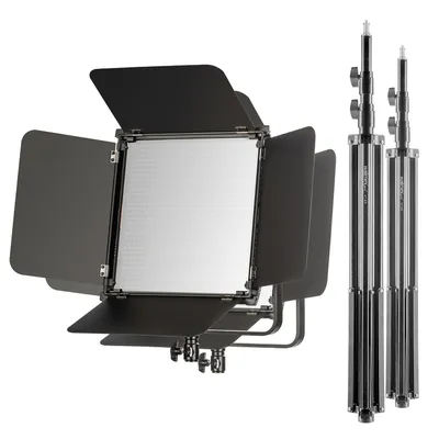 Produktbild von Walimex pro 2x LED Niova 100-F Pro 100 W Bi-Color Flächenleuchte mit 2x Lampenstativ, dimmbare Videoleuchte, Studioleuchte mit weichem Licht, Fotolicht mit Fernbedienung
