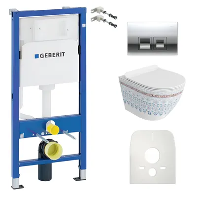 Produktbild von DOMINO | Geberit Duofix Basic Vorwandelement + Wand-WC Tiefspül Sofi Slim Becken Folklor Spülrandlos + Bedienplatte Delta 25 für Doppelspülung  |  SET