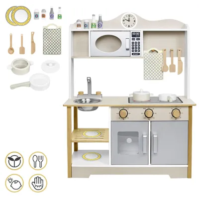 Immagine prodotto di Cucina giocattolo in legno QEENTOE, completa di accessori per la cucina, ideale per bambini dai 3 anni in su. Include 14 pezzi di accessori alimentari e utensili da cucina. Dimensioni: 68 x 26 x 78 cm