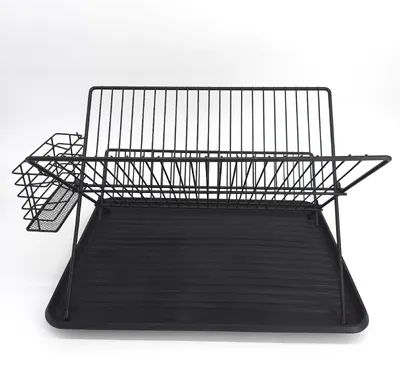 A black dish drying rack with a cutlery holder, shown against a white background.