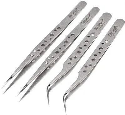 Produktbild von Pinzette, 4-teilig, antistatischer Edelstahl, präzise ESD Pinzette, 2 gerade und 2 gebogen für Reparaturwerkzeuge für Elektronik, Schmuck, Industrie, Griffsilber