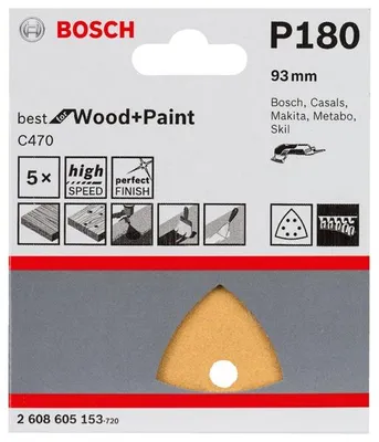 Image de 5 abrasifs C470 Best For Wood And Paint 93 mm G180 6 trous pour ponceuse Delta - BOSCH - 2608605153