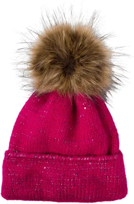 Produktbild von styleBREAKER Damen Strick Bommelmütze Pailletten Uni Fake-Fur, Pink