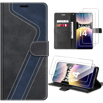 Image de Coque + 2 Verres Trempés pour Xiaomi Redmi Note 14 Pro 5G, Anti-Rayures Antichoc CuirPolyuréthaneNoir