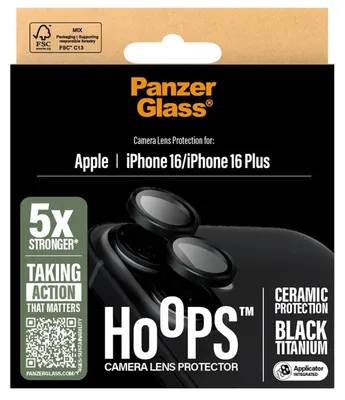 Produktbild von PanzerGlass ® Hoops® Ceramic Kameraschutz iPhone 16 | 16 Plus, Apple, Apple - iPhone 16, Apple - iPhone 16 Plus, Trockene Anwendung, Kratzresistent, Schockresistent, Schwarz, 1 Stück(e)