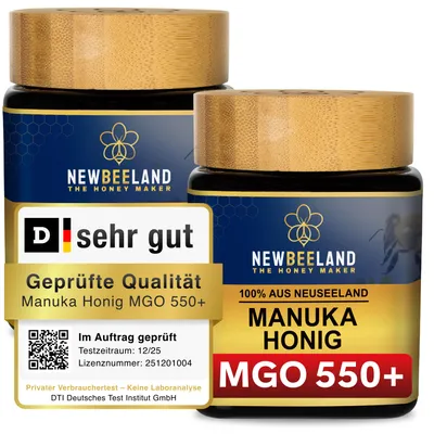 Produktbild von Manuka Honig MGO 550+ [500g] | 2x 250g ORIGINAL aus NEUSEELAND | Glas statt Plastik | 100% natürlich | NEWBEELAND