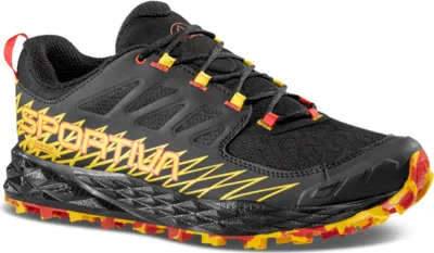 Trailrunning-Schuhe "Lycan GTX" von La Sportiva in Schwarz mit gelben und roten Akzenten.