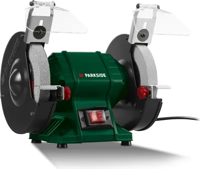 A green and black Parkside bench grinder is shown against a white background.