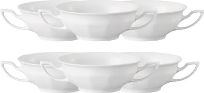 A set of white soup cups arranged in two rows.