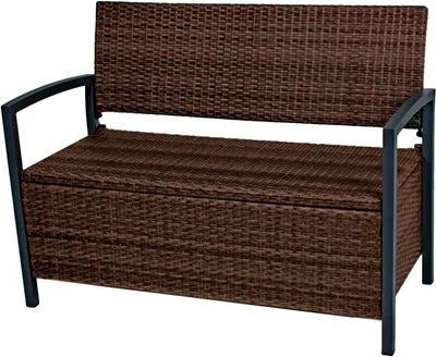 A brown wicker storage bench with black metal legs is shown against a white background.