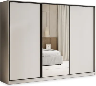 Produktbild von Masseno Schiebetürenschrank TARI 270/205/58 cm Kleiderschrank mit 4 Schubladen Schlafzimmer Schrank 3-türig mit Spiegel Kaschmir