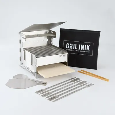 Produktbild von GRILLNIK Holzkohlegrill | Kompakter Premium Edelstahlgrill Pro.Modell–Tragbarer Holzkohlegrill | 30cm x 30cm