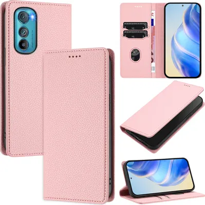 Produktbild von Litchi Leder Handyhülle für Motorola Edge 30 Wallet Kartenfächer Standfunktion Hülle Pink
