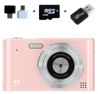 Immagine prodotto di Fotocamera digitale retrò - Fotocamera compatta con sensore CCD - Memoria da 64 GB - Zoom 16x - Display da 6,1 cm - Qualità HD - Filtri vintage - Fotocamera per bambini - Rosa