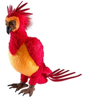 A plush toy phoenix against a white background.