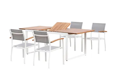 Produktbild von Merxx Gartenmöbelset Naxos weiß 5tlg., 4 Stapelsessel, 1 Ausziehtisch 150 (200) x 90 cm - Aluminium/Textil/Akazie