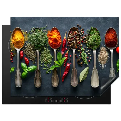 Produktbild von KitchenYeah© Herdabdeckplatte Gewürze - Löffel - Kräuter , 70x52cm, Küche Deko, Glaskeramikkochfeld Herdabdeckung, Abdeckplatte fùr Kochfeld