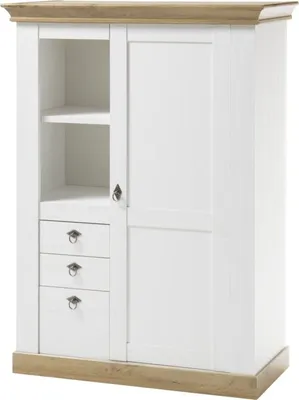 Produktbild von Landhaus Highboard Kommode in Pinie weiß matt LINARES-61 Absetzungen Wotan Eiche Nb. - B/H/T ca.: 102/139/44 cm