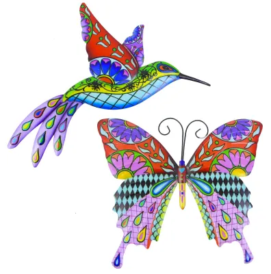 2er-Set Metall Kolibri & Schmetterling Wanddeko, 26x22 cm