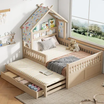 Produktbild von Flieks Kinderbett Hausbett 140x200cm mit Ausziehbett, Kinder Holzbett Doppelbett mit 3 Schubladen, Kinderbett mit Bettvorhängen, Cream