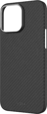 A black carbon fiber textured phone case for an iPhone 15 Pro, shown from the back with the camera cutout visible.
