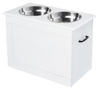 Produktbild von PawHut Hunde Fressnapf mit Staumraum 2 Näpfen Futterstation Katzenapf Weiß
