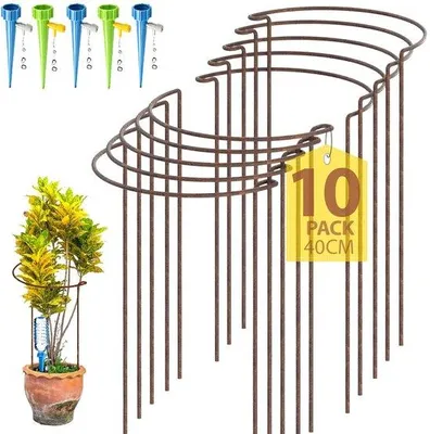 Produktbild von Ibenzoa® 10er-Set natürliche rostige Pflanzenstützen aus massivem Stahl – halbrunde Blumenstützen mit 5 Selbstbewässerungs‑Spikes je Stab, Gartengrenze für Pfingstrosen & Hortensien