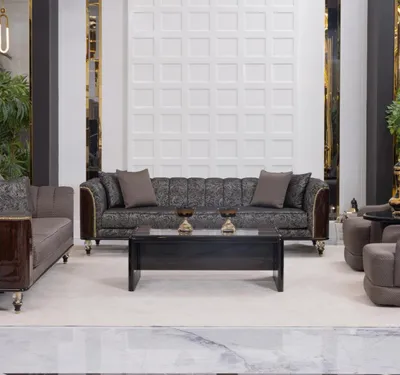Produktbild von Elegantes graues Wohnzimmer-Set: 4-Sitzer Sofa Holz Couchtisch