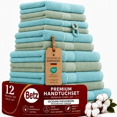Produktbild von Betz Premium Handtuch-Set 12-teilig – 100% Baumwolle – ®  – hohe Grammatur – Duschtücher, Handtücher, Gästetücher,WH heugrün/ocean, KI-generiertes Bild