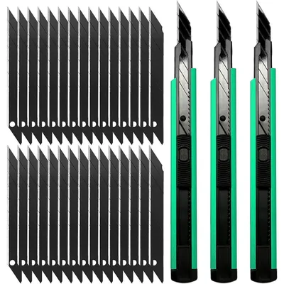 Productafbeelding van Set van 30 mesjes voor een snijmes van 9 mm, met een snijhoek van 30 graden, in de kleur groen. Bevat een zinklegering behuizing en een roestvrijstalen geleider