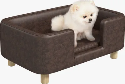 Image de PawHut Canapé chien lit pour chien chat avec rebord coussin moelleux pieds bois massif dim. 74 x 48,5 x 31 cm revêtement micro-fibre chocolat