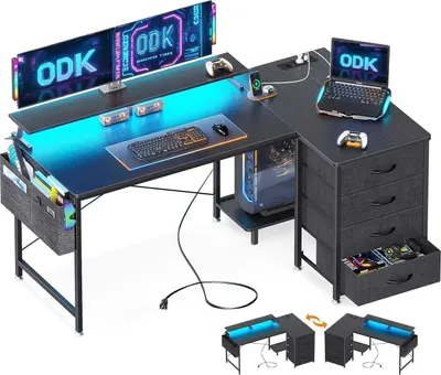Immagine prodotto di Scrivania ad angolo ODK 140x80cm Scrivania da gioco a LED nera