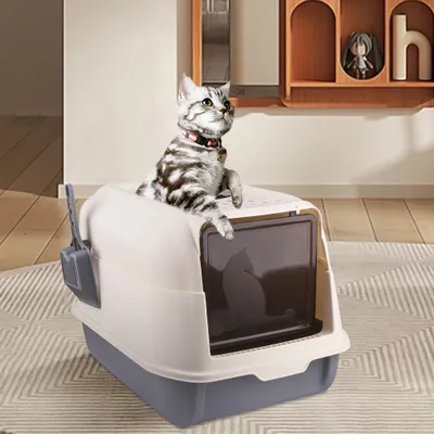 Image de Bac à litière avec couvercle Bac à litière fermé Bac à litière à capot avec pelle gris plus blanc
